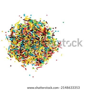 Postcard with an image of a scattered multicolored pastry sprinkle and with an empty space for the text. Vector illustration.
