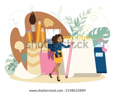 The girl holds a pencil in her hand while lecturing about art. School of design, artistic and creative education. The modern profession of a designer. Flat vector illustration in cartoon style.