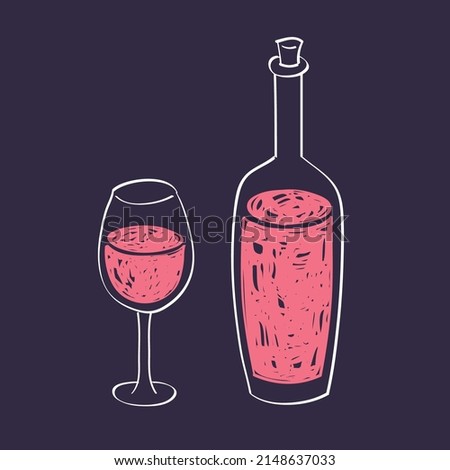 Red wine bottle and glass on a black board background hand drawn doodle line chalk sketch vector illustration