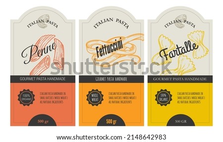 Italian macaroni types, labels for packages set. Penne and Fettuccine, Farfalle pasta. Organic and natural product, gourmet ingredient for cooking dishes. Handmade and tasty. Vector in flat style Royalty-Free Stock Photo #2148642983