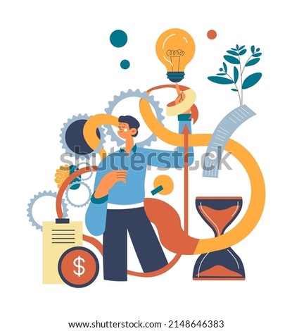 Implementing new business idea for enterprise. Male character with light bulb and foliage, gears and list of plan. Organization and improvement of skills, personal growth. Vector in flat style