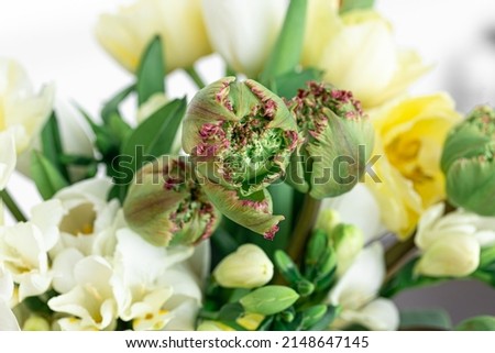 Close-up, bouquet of white and yellow exotic flowers.