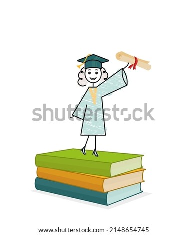 end of school day, graduation ceremony drawing clip-art, happy student girl standing on the books, colorful doodle vector illustration