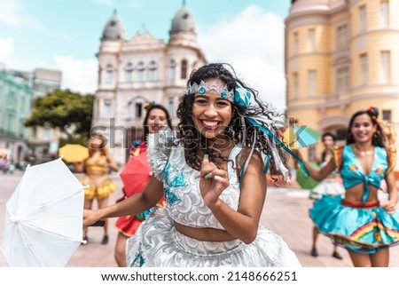 Frevo dancers at the street carnival in Recife, Pernambuco, Brazil. Royalty-Free Stock Photo #2148666251
