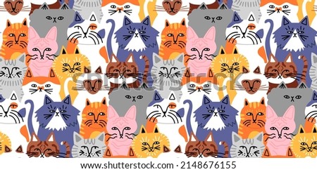 Funny cat animal crowd cartoon seamless pattern in flat illustration style. Cute kitten pet group background, diverse domestic cats breed wallpaper.