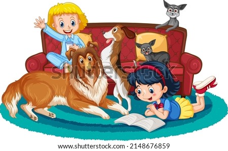 Children playing with their dogs illustration