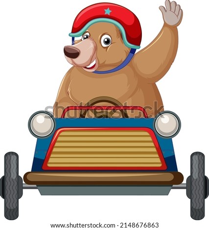 Brown bear driving small car illustration