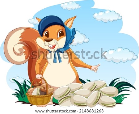 Cute squirrel with basket full of nuts illustration