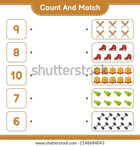 Count and match, count the number of Ice Skates, Whistle, Dumbbell, Baseball Bat, Trophy and match with the right numbers. Educational children game, printable worksheet, vector illustration