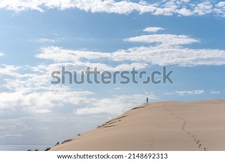 Silhouette of boy standing on top of a big sand dune.