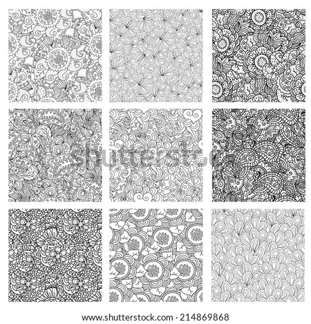 Set of nine black and white hand drawn seamless patterns (tiling).Seamless pattern can be used for wallpaper, pattern fills, web page background, surface textures. Beautiful seamless floral background