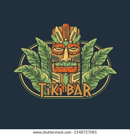 Tiki mask with tropical leavs for summer hawaii beach. Exotic mask for surfing prints or tiki bar