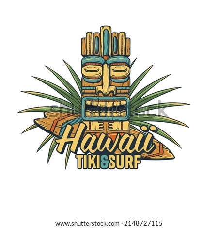 Hawaii tiki mask with surf and tropical leavs for tropic beach. Exotic mask and surfboard for summer surfing prints or tiki bar