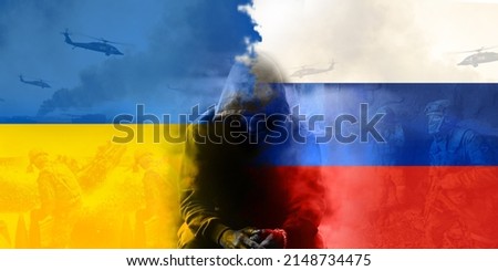 background image of war between ukraine and russia. in the middle of the picture there is a person who does not show his face.