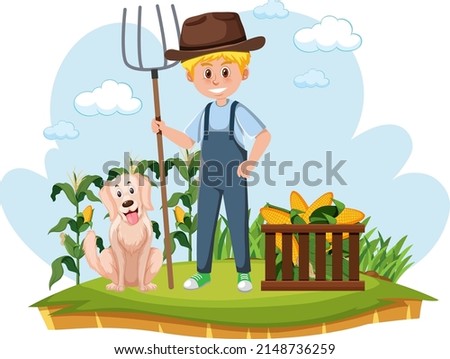 Farmer with fork and fresh corn illustration