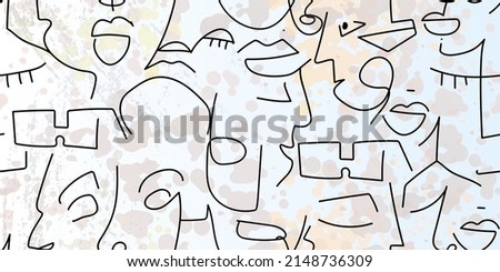 One line drawing. Abstract face seamless pattern. Vector Modern minimal art. Graphics contour background. Continuous line drawing. Linear design woman and man faces. Beauty modern print.