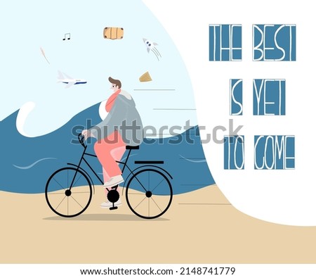 A young man rides a bicycle along the seashore, and overhead dreams.