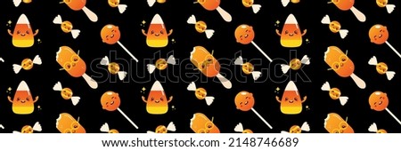 Wide horizontal vector seamless pattern background for Halloween and confectionery design with cute sweets, candy corn, ice cream, lollipop characters.