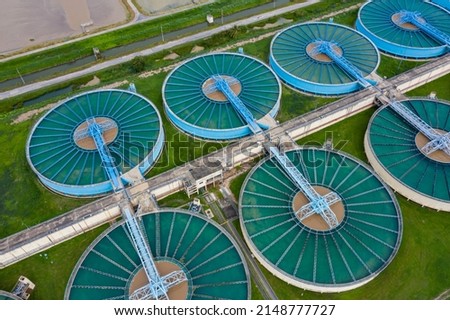 Aerial view of metropolitan waterworks authority. Drinking Water Treatment aerial top view of Microbiology of drinking water production and distribution Royalty-Free Stock Photo #2148777727