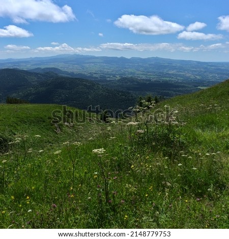 View of the Puys chain in Auvergne, panoramic of the Domes. Puy de Dome Royalty-Free Stock Photo #2148779753