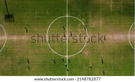 Aerial football training field, birds eye soccer game, top view of a soccer field, Maccabi Haifa youth training field Royalty-Free Stock Photo #2148782877