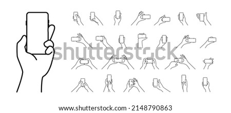 Hand holding mobile phone horizontally and vertically with blank screen illustration vector icons set line editable stroke. Outline style different gesture hands is touching smartphone display