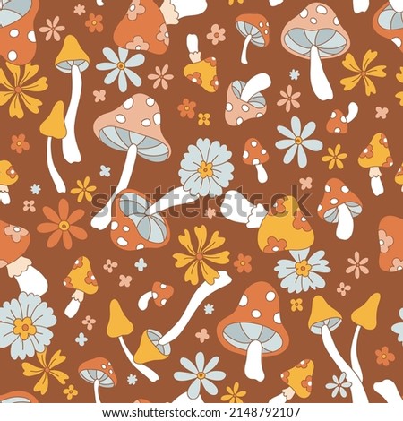 Retro 70s 60s Floral Hippie Mushrooms Summer Groovy Flower Power vector seamless pattern. Boho retro colours whimsical fly agaric dark background fungus surface design. Royalty-Free Stock Photo #2148792107