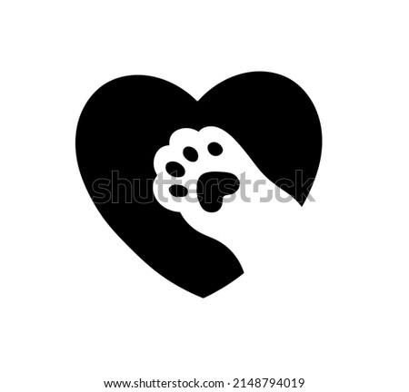 Vector isolated cat paw with black pads inside heart symbol colorless black and white contour line drawing
