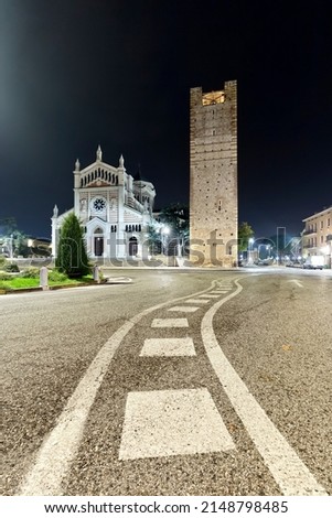 The cathedral and the Scaliger Tower in Lonigo. Vicenza province, Veneto, Italy, Europe.