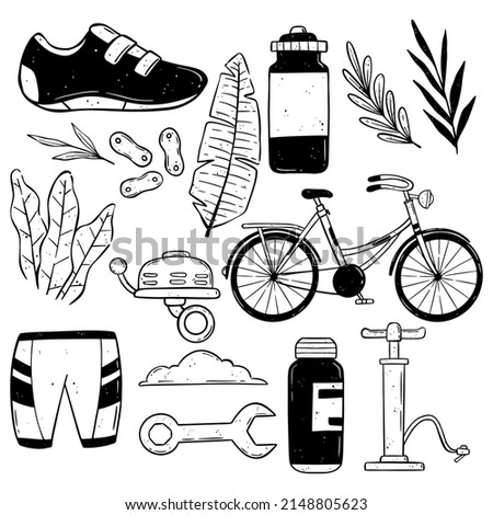 Set of hand drawn Illustration with bicycle and bicycle items. Vintage or sketch style