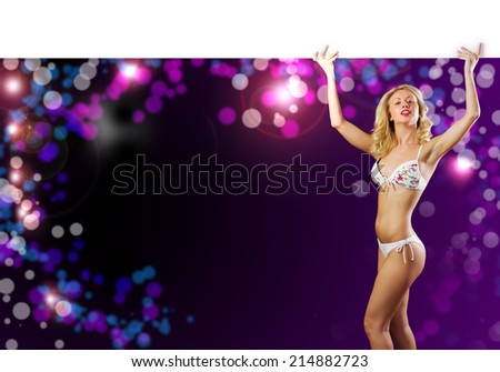 Young girl in white bikini with blank banner. Place for text