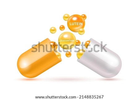 Lutein and Zeaxanthin medicine capsule orange. Vitamin complex with Chemical formula from marigold to nourish eyes. Medical and healthcare concept. 3D Vector. Isolated on a white background.