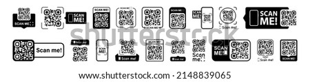 Set of QR codes with scan me inscription with phone. Qr code for payment, e-wallet, web, mobile app. UI UX design element. Inscription scan me. Barcode scan for smartphone. Mobile payment and identity Royalty-Free Stock Photo #2148839065