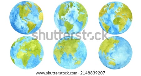Watercolour set Planet Earth isolated on white background. Symbol of life, nature, foundation, ecology, international events. Clip art element for design.
