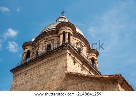 Bell tower of the historic temple in the Villa del Rosario in the city of Cucuta. Colombia. Royalty-Free Stock Photo #2148841259