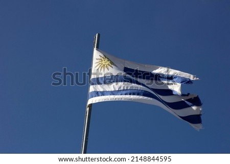 Uruguay. Uruguayan flag hoisted. Blue sky without clouds, strong wind. Stripes and sun, legibly. Fabric a little worn due to age. 