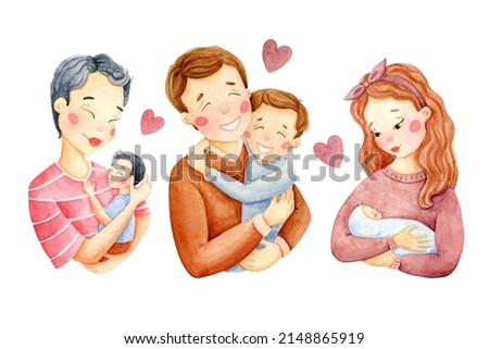 Family clip art set. Watercolor illustrations with kids and parents isolated on white background. Mother, father, child clipart collection. Mother's day, Father's day design. Family boho print, poster