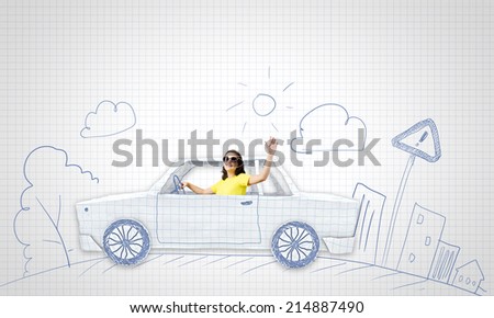 Young woman riding car made of list of paper