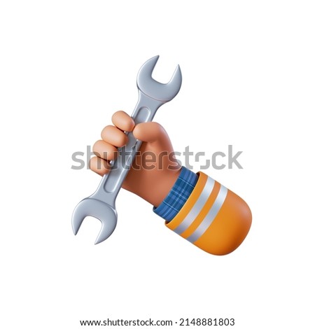 3d render, cartoon human hand holds spanner wrench. Professional plumber or constructor with building tool. Construction icon. Renovation service clip art isolated on white background