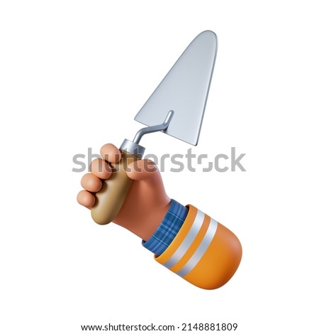 3d render, cartoon human hand holds trowel. Professional bricklayer with building tool. Construction icon. Masonry service clip art isolated on white background