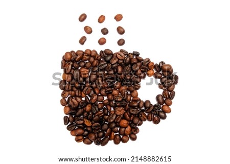 Coffee cup and steam made from beans, grain. Isolated on white background.