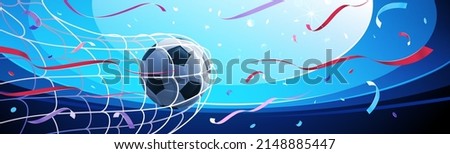 Realistic soccer ball hitting the net. Football championship. Vector