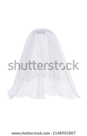 Close-up shot of a white veil with a comb. The bridal veil is adorned with scattered pearls. The wedding bridal veil is isolated on a white background. Front view. Royalty-Free Stock Photo #2148905807