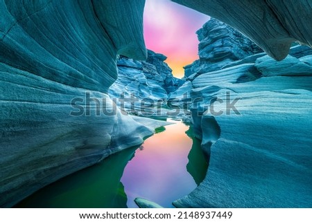 canyon view in summer. Colorful canyon landscape at sunset. nature scenery in the canyon. amazing nature background. summer landscape in nature. Tasyaran canyon travel in the great valley. Turkey. Royalty-Free Stock Photo #2148937449