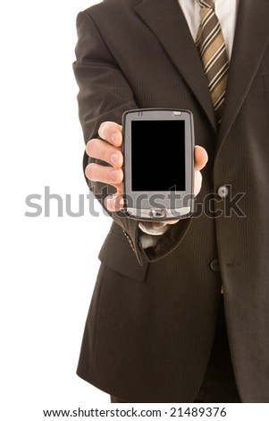 Business man using a pda isolated on white