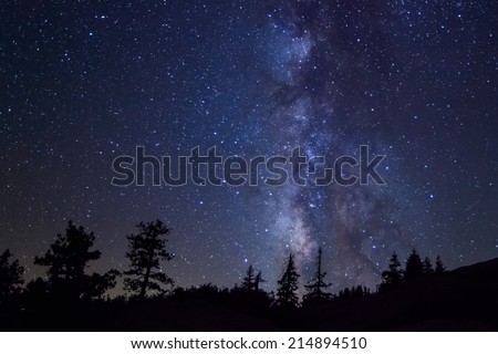 Row of evergreen trees in front of the Milky Way at Glacier Point in Yosemite National Park Royalty-Free Stock Photo #214894510