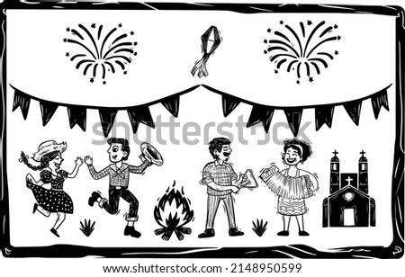 Festa Junina, dances and music from the Brazilian northeast. Separated woodcut style vectors, Cordel literature. Royalty-Free Stock Photo #2148950599