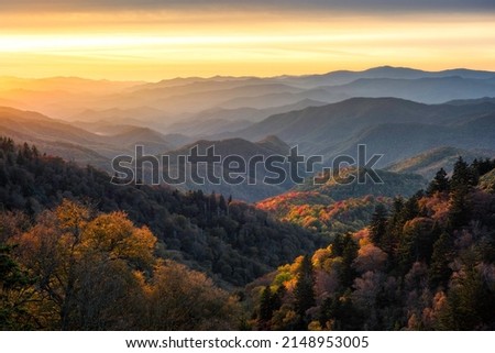 Dramatic evening light looking out across the Great Smoky Mountains from along the Blue Ridge Parkway in North Carolina Royalty-Free Stock Photo #2148953005