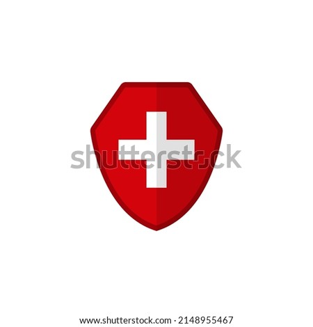 Red cross shield on a white background.