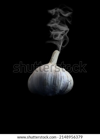 Smoky white garlic is isolated on dark background. Healthy food and spices concept. Selective focus close-up photography.